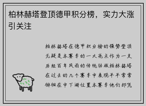柏林赫塔登顶德甲积分榜，实力大涨引关注